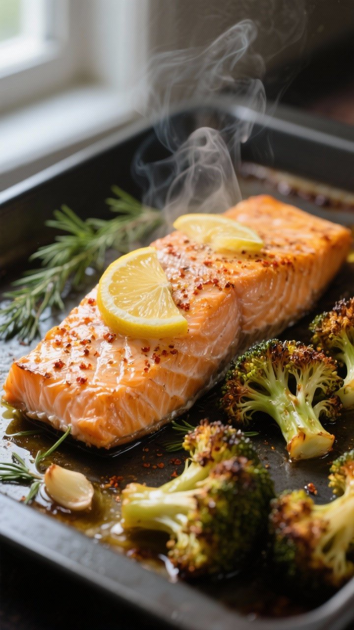 Close-up detail: Golden, flaky sheet-pan salmon just out of the oven with crisped, browned broccoli 
