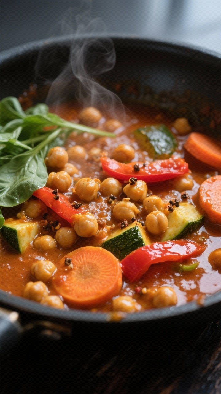 Chickpea Veggie Curry With Coconut Milk and Spinach - Creamy, Cozy, and Weeknight-Friendly Close-up detail: Simmering chickpea veggie curry in a shallow skillet, showing glossy coconut-tomato