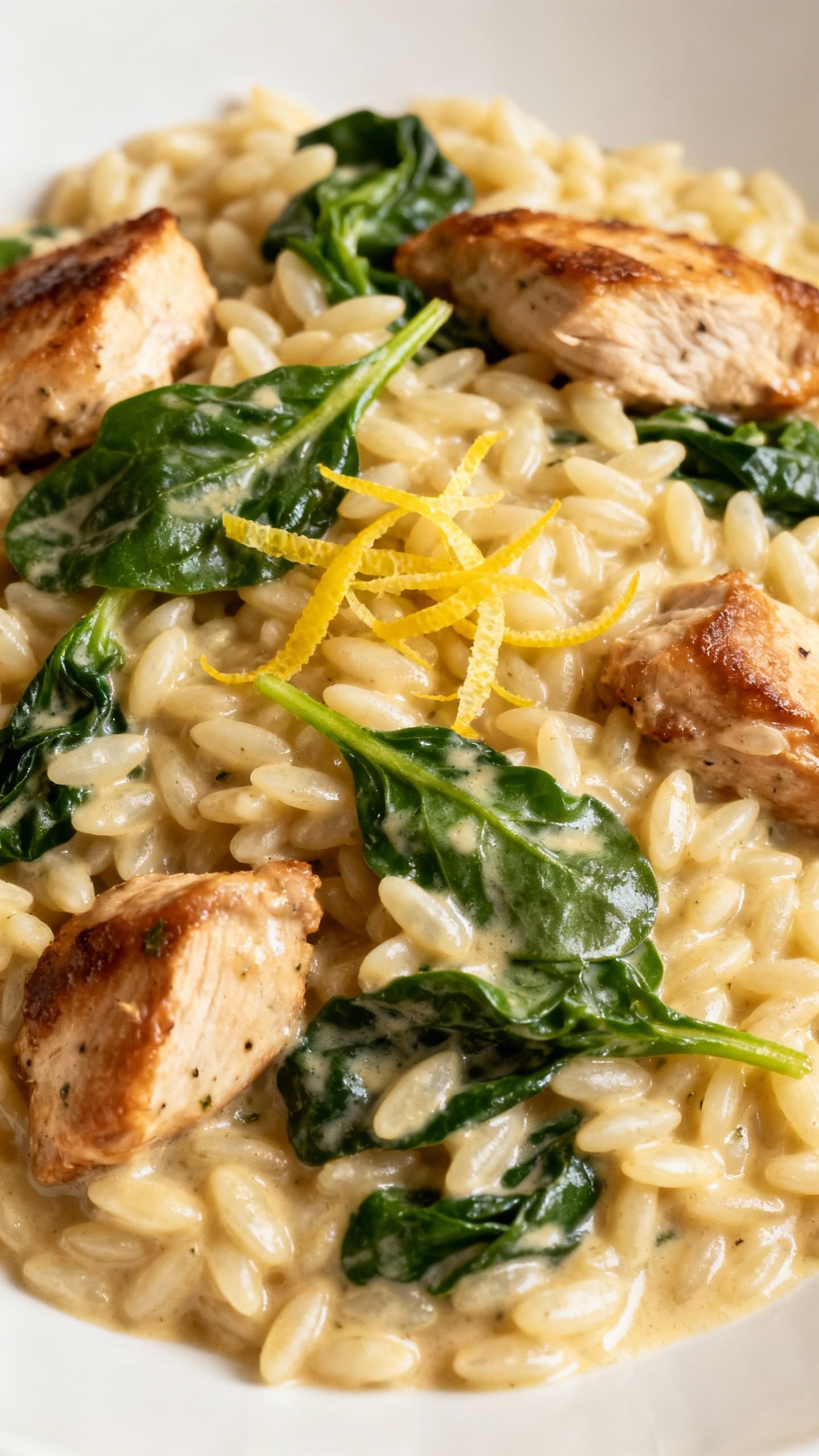 Closeup creamy lemon-garlic chicken orzo, wilted spinach, lemon zest
