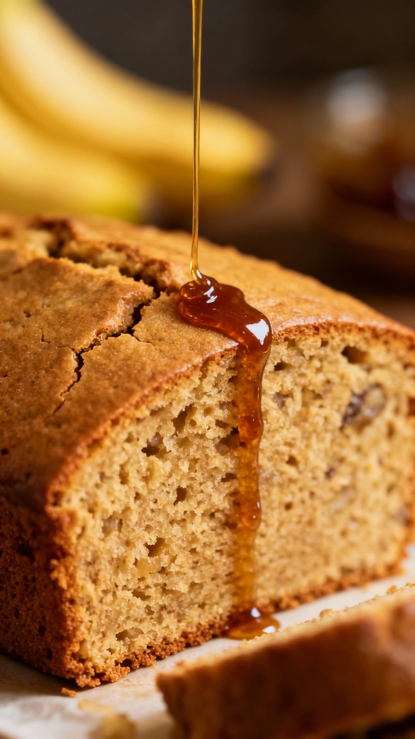 Closeup date syrup ribbon on banana bread slice