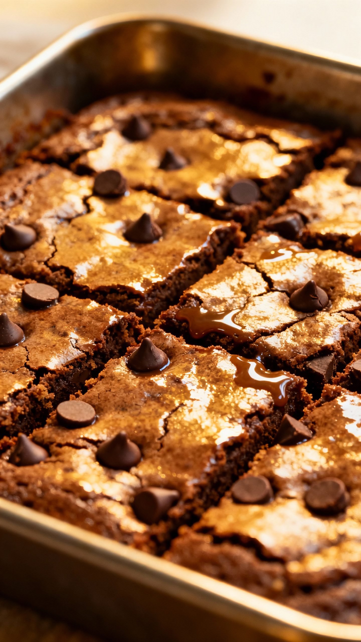Closeup fudgy almond flour brownies, shiny crackled tops, melted dairy-free chips, warm metal pan