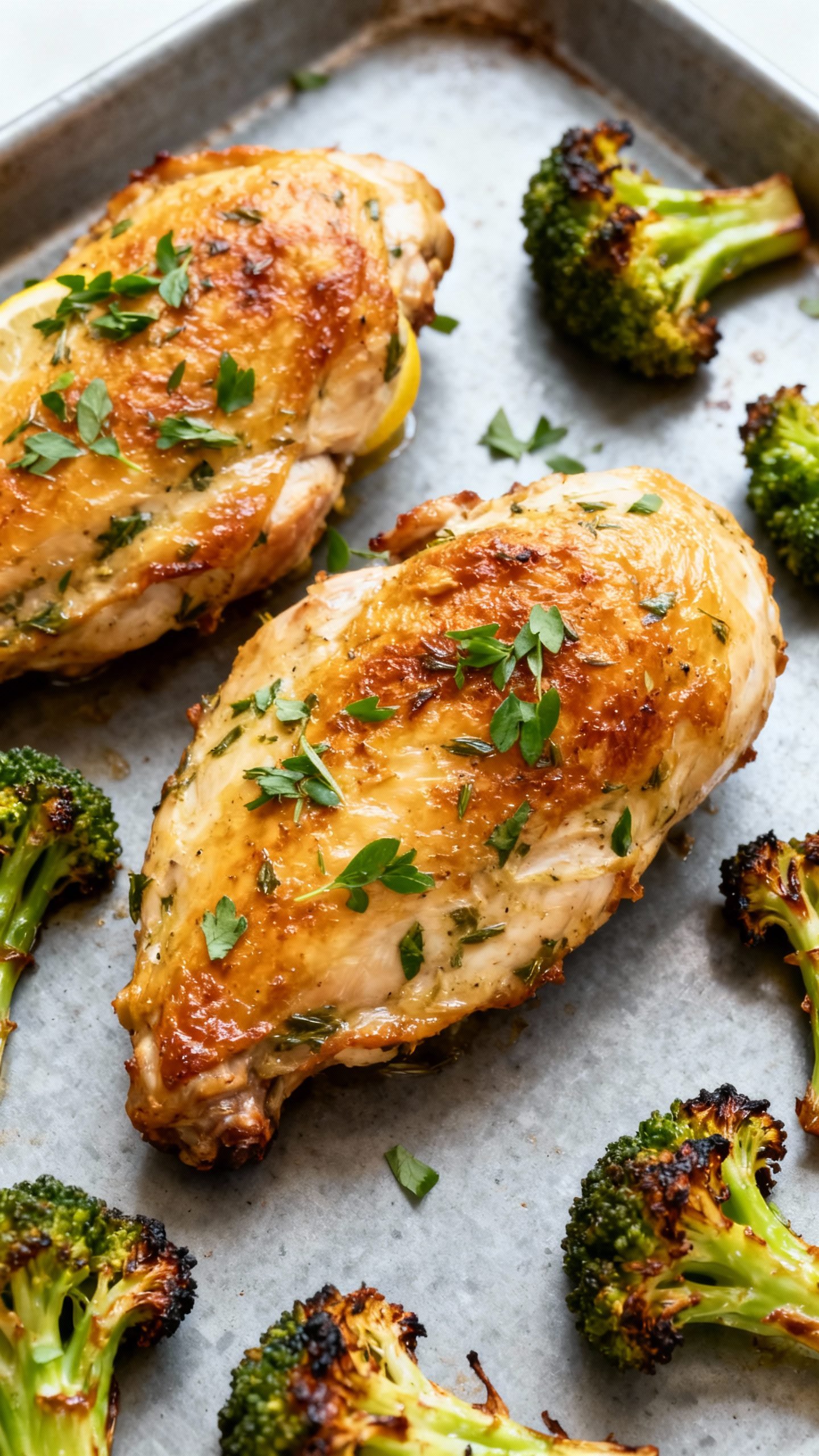 Closeup meal-prep lemon-herb chicken and roasted broccoli on sheet pan