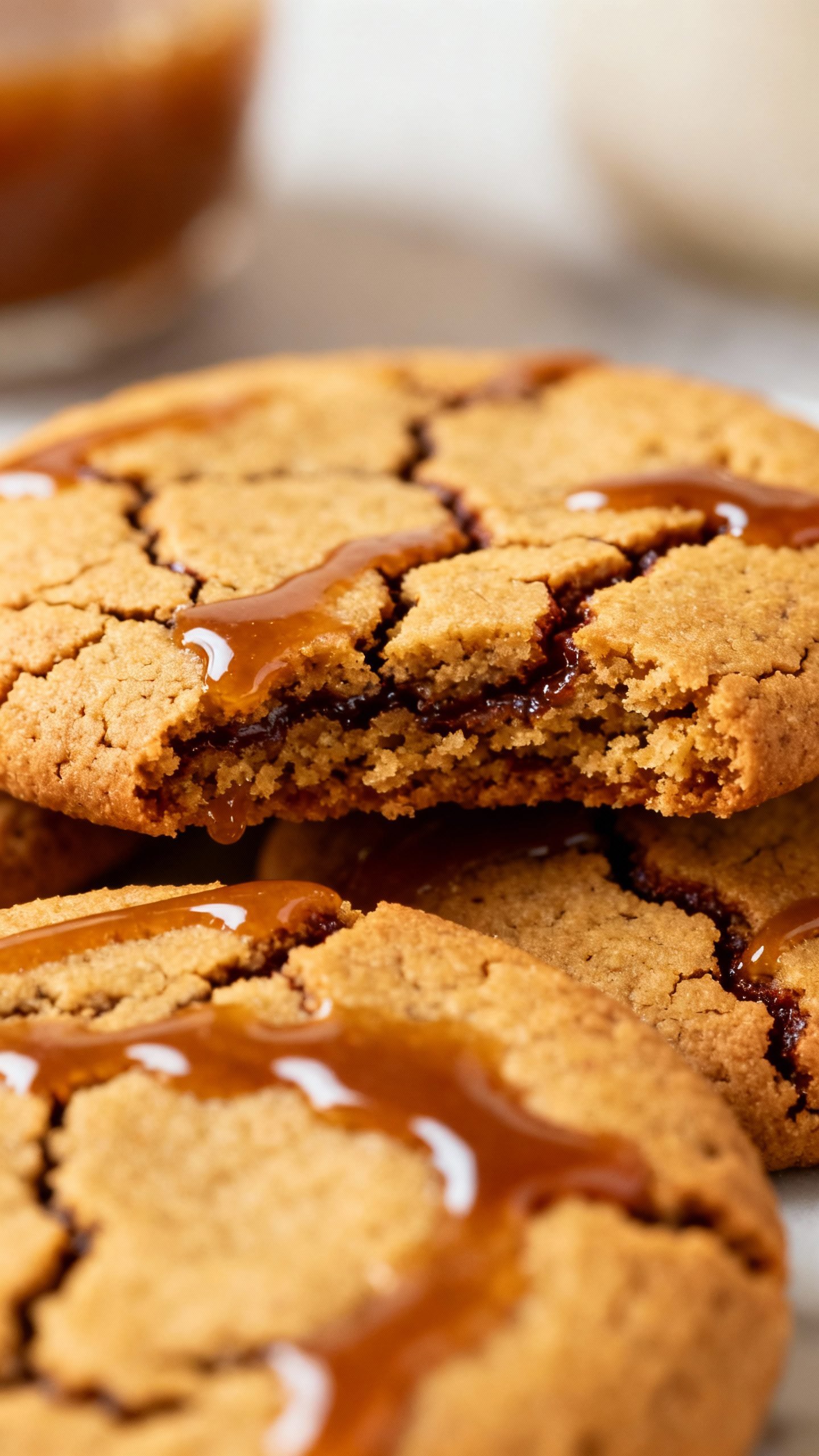 Closeup molasses-drizzled ginger cookies, mahogany cracks