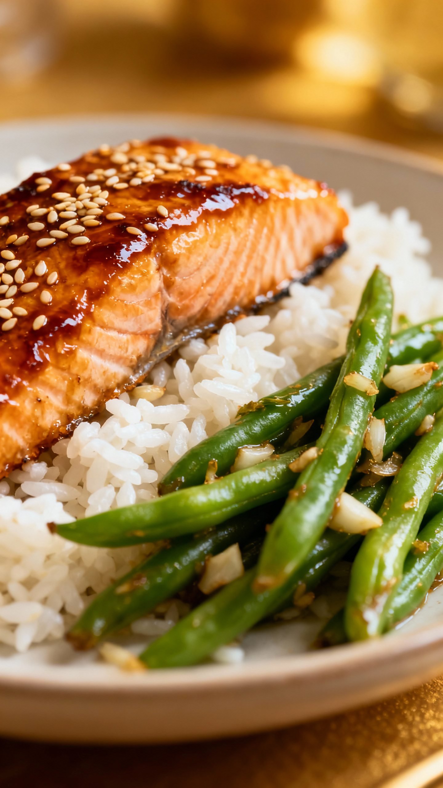 Closeup sesame-glazed salmon with garlicky green beans over rice meal-prep