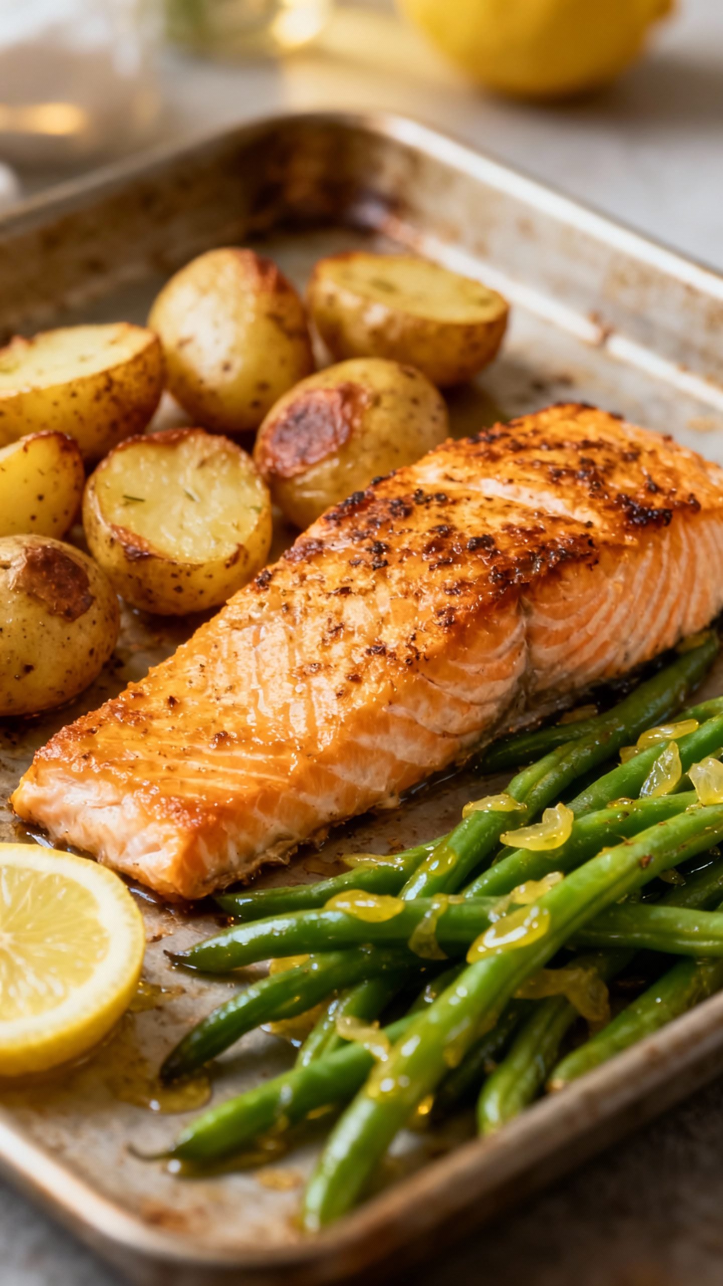 Closeup sheet pan salmon fillets, crispy baby potatoes, lemony green beans