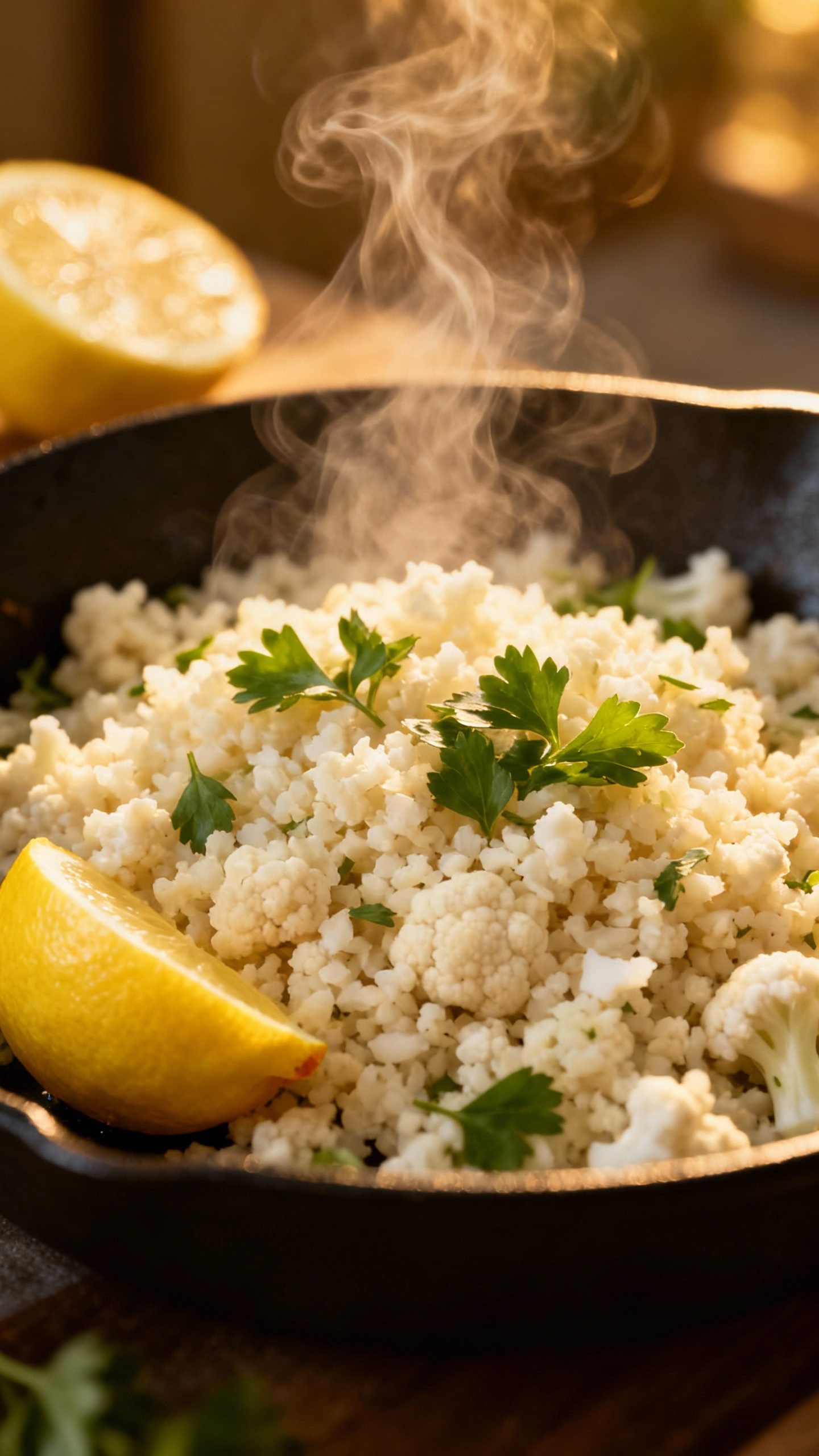 Closeup skillet of cauliflower rice, steam, lemon wedge, herbs