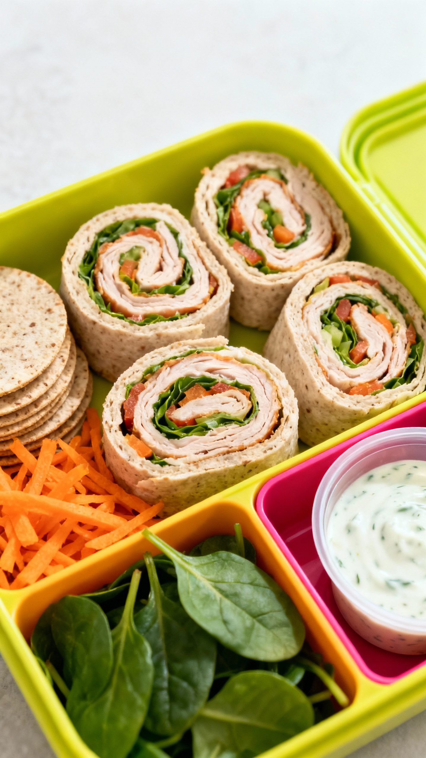 Closeup turkey and veggie pinwheels, whole-wheat tortilla coins, shredded carrots and spinach, small