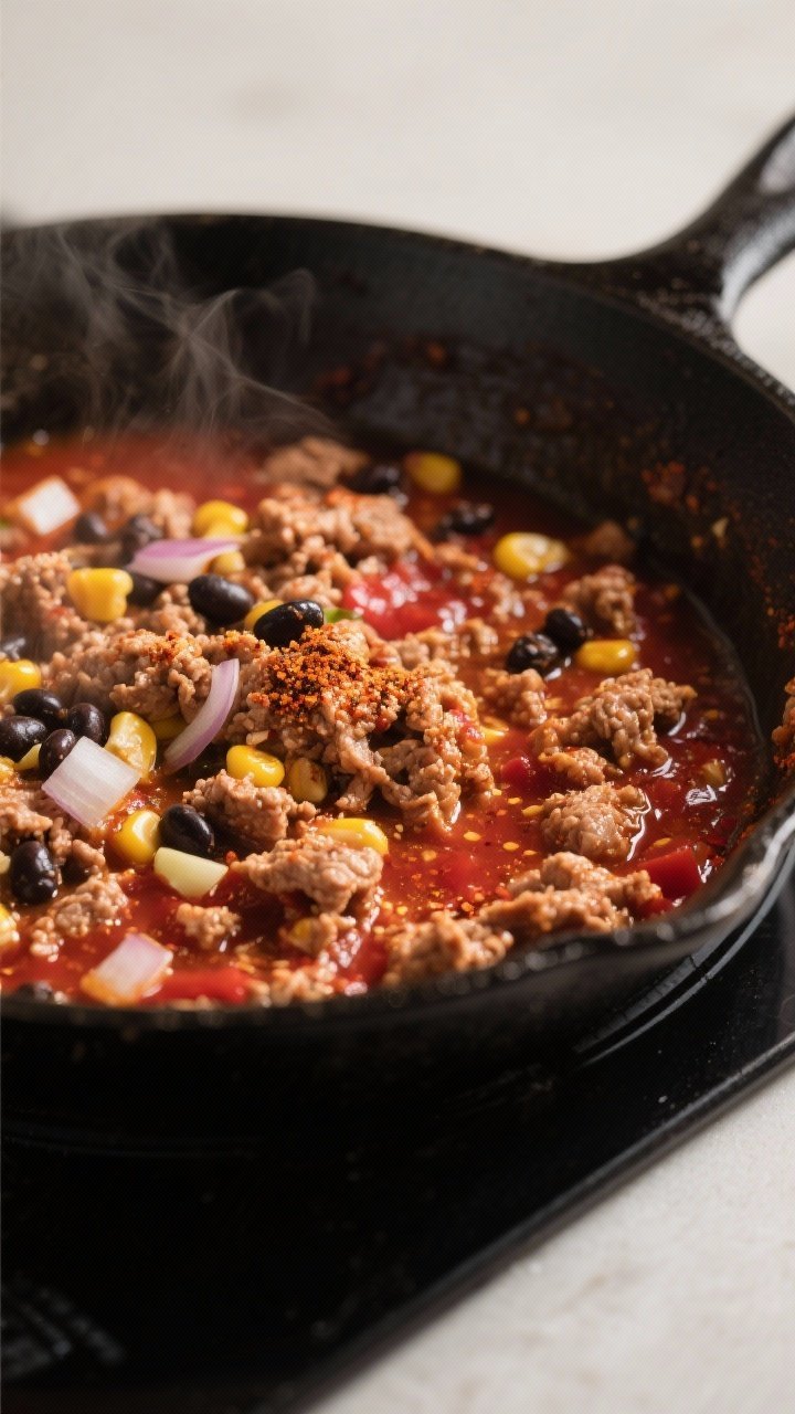 Cooking process close-up: Ground turkey simmering in a skillet after browning, coated in taco season