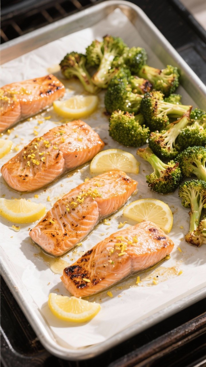 Cooking process: Overhead shot of the sheet pan mid-cook after adding salmon—broccoli pushed to on