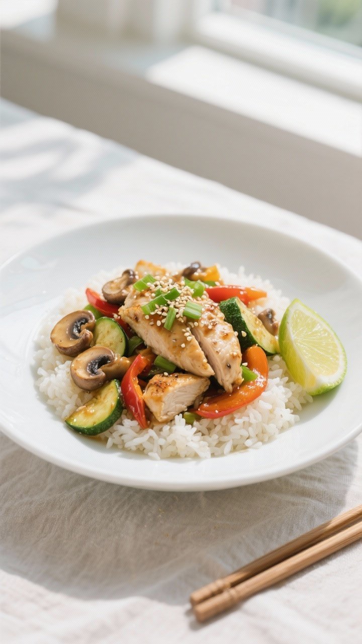 Stir-Fry Veggies With Rotisserie Chicken and Soy Sauce Final dish presentation: Beautifully plated stir-fry veggies with rotisserie chicken over fluffy jas