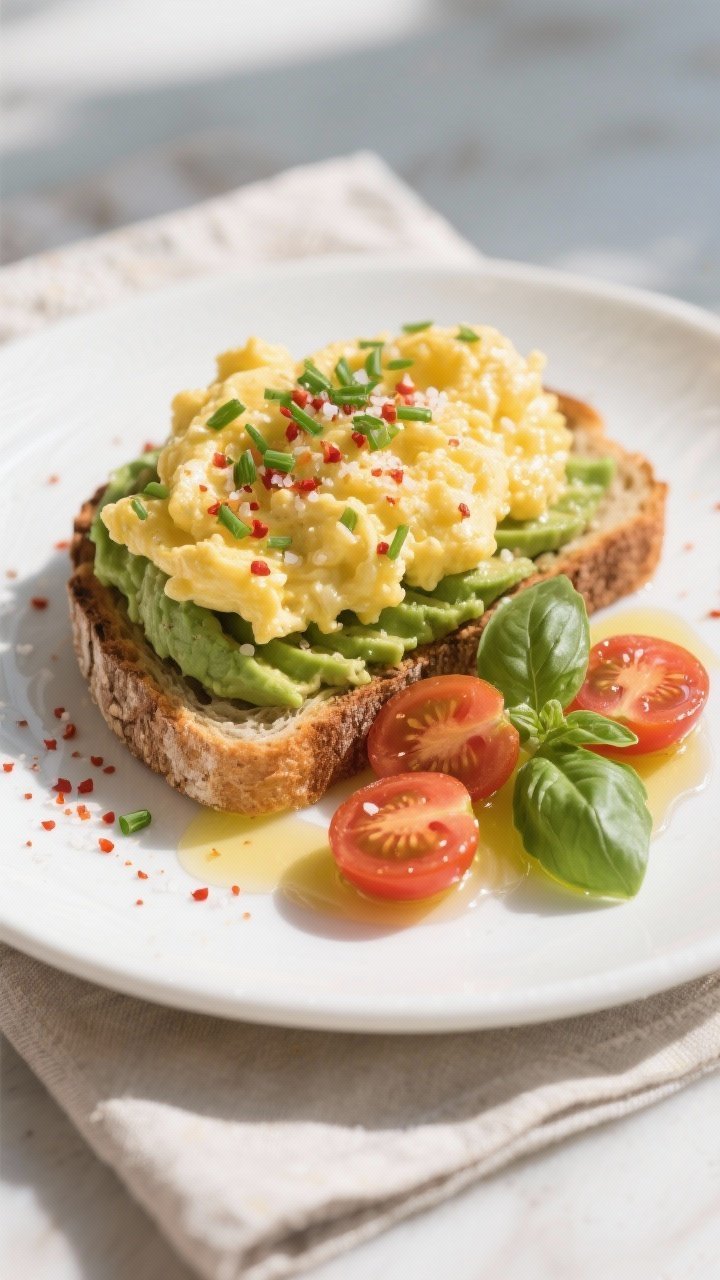Scrambled Eggs With Avocado Toast and Cherry Tomatoes - A Fresh, Satisfying Breakfast Final dish presentation: Café-style plate with avocado toast topped with flaky salt and red pepper 