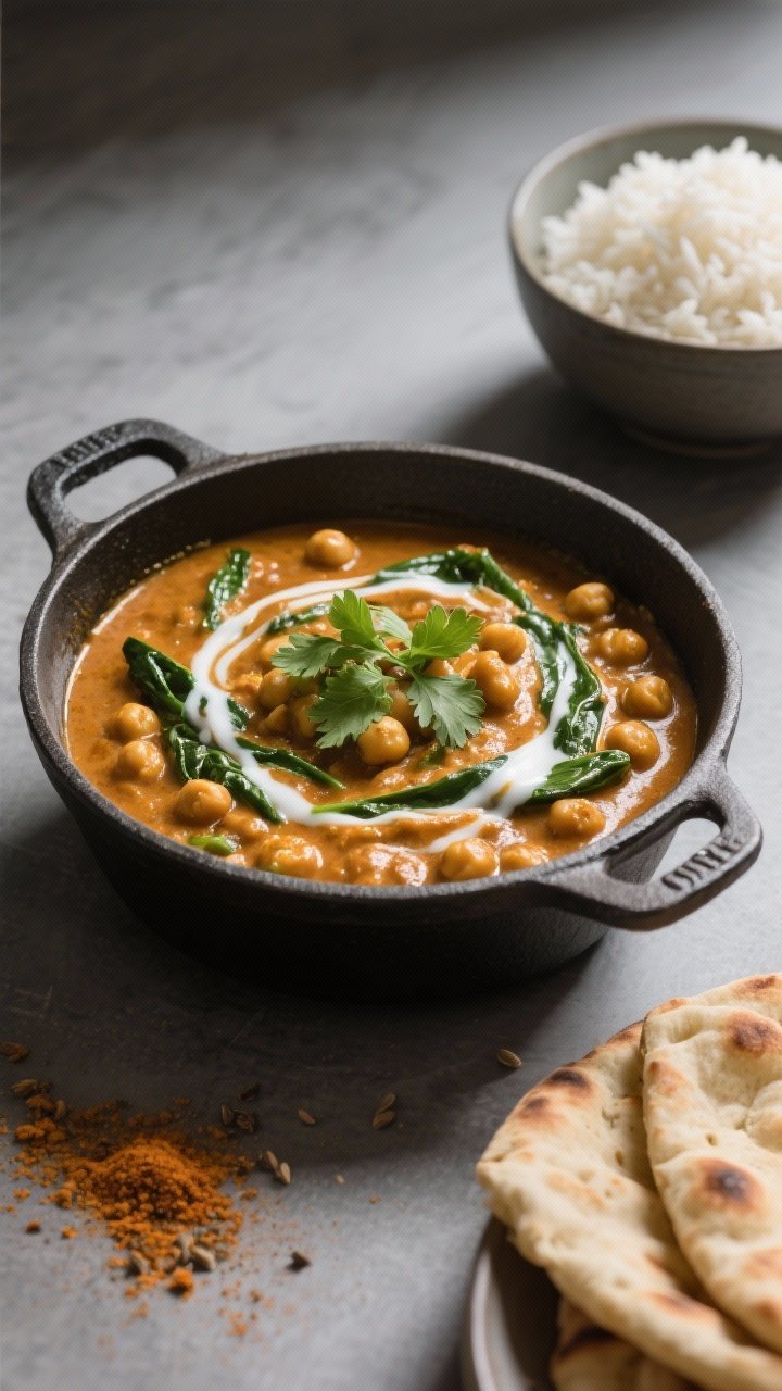 Chickpea Veggie Curry With Coconut Milk and Spinach - Creamy, Cozy, and Weeknight-Friendly Final dish presentation: Restaurant-quality plated curry served family-style in a low cast-iron brai