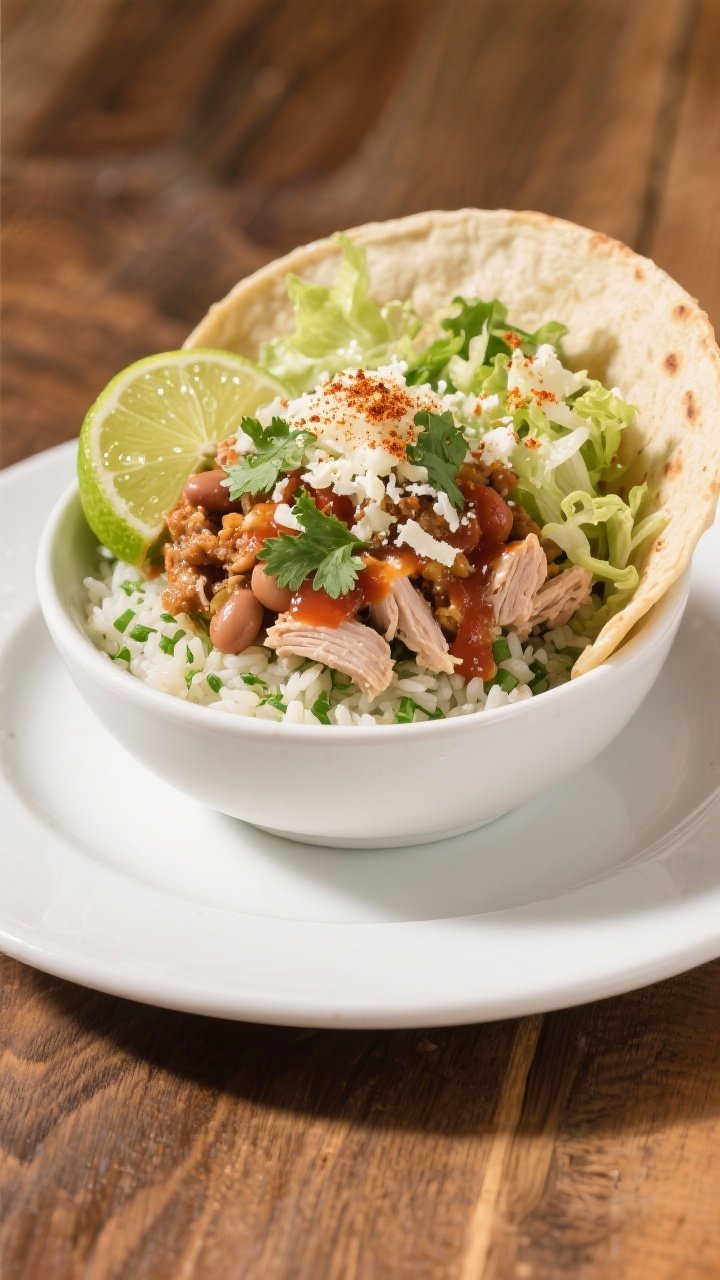 Final plated beauty: Restaurant-quality presentation of a composed turkey taco bowl with cilantro-li