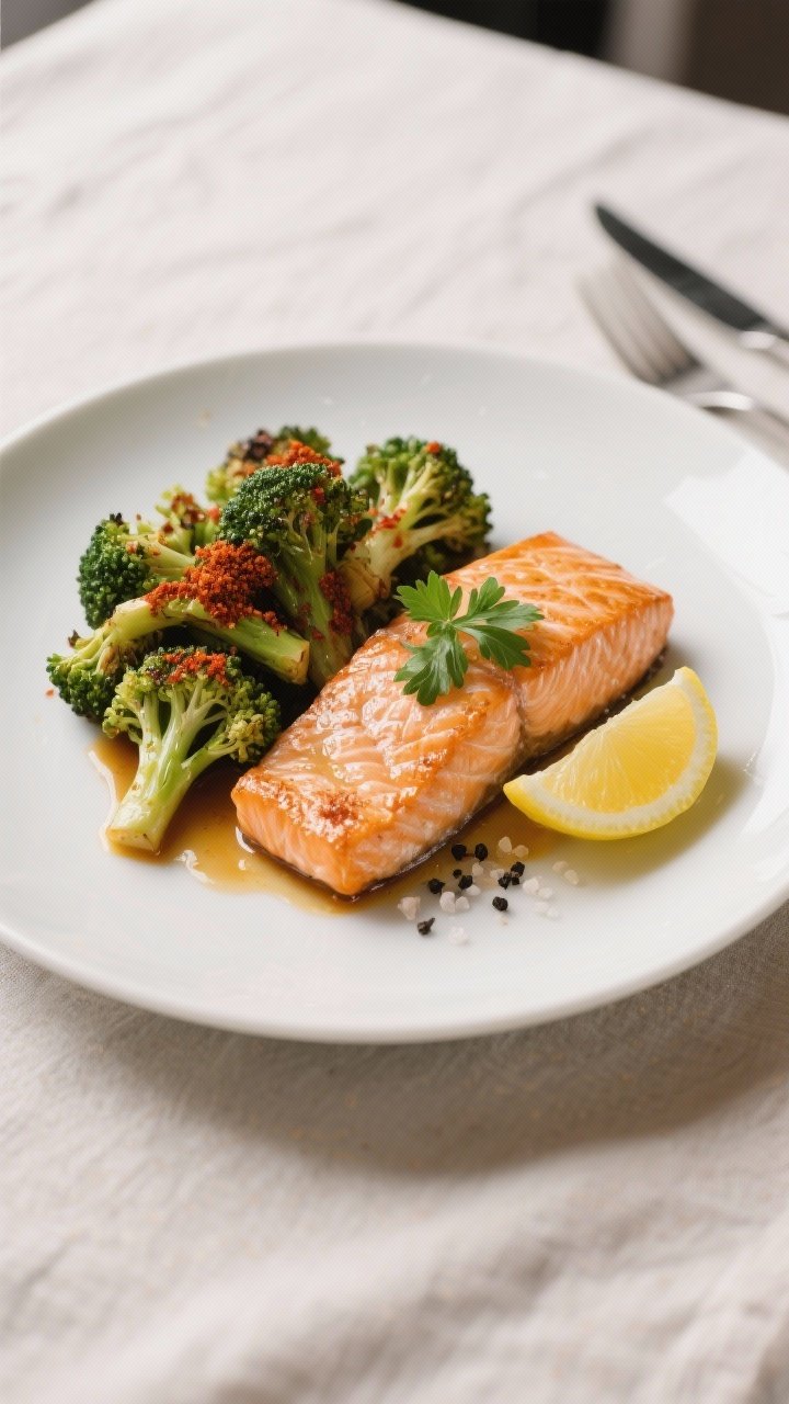 Final plated dish: Restaurant-quality presentation of salmon and broccoli plated on a wide white cer