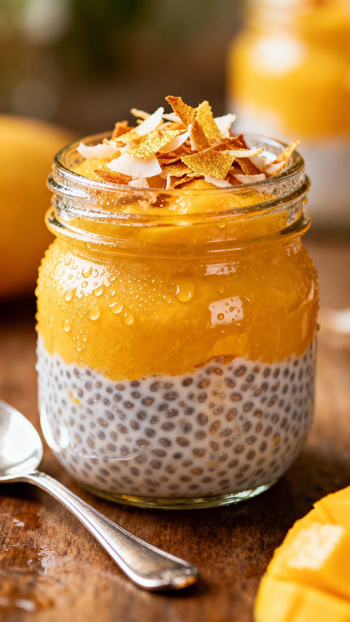 Glass jar coconut mango chia pudding, layered mango puree, toasted coconut flakes, condensation, sil