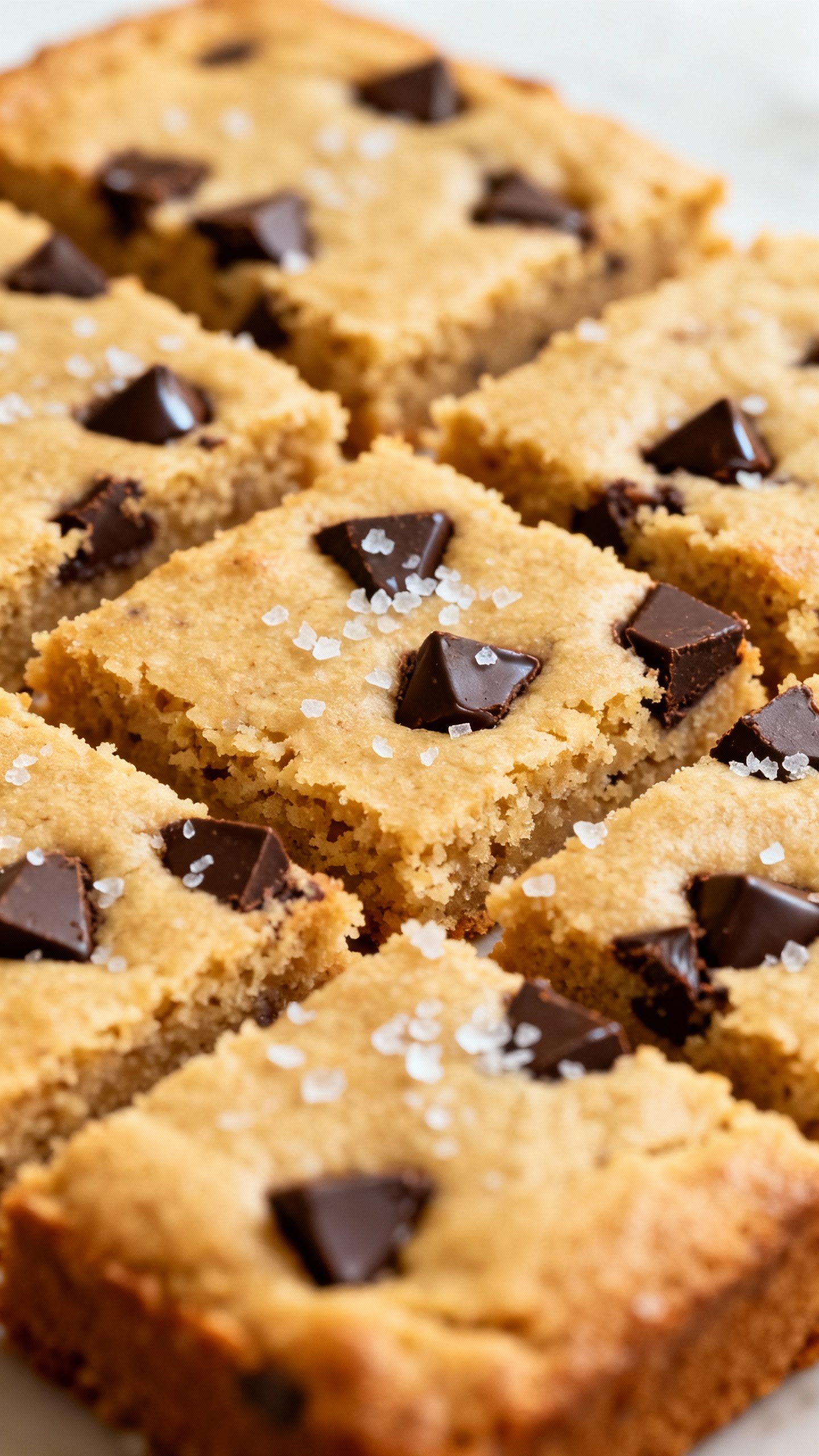 Overhead almond flour blondies, dark chocolate chunks, flaky salt low-sugar