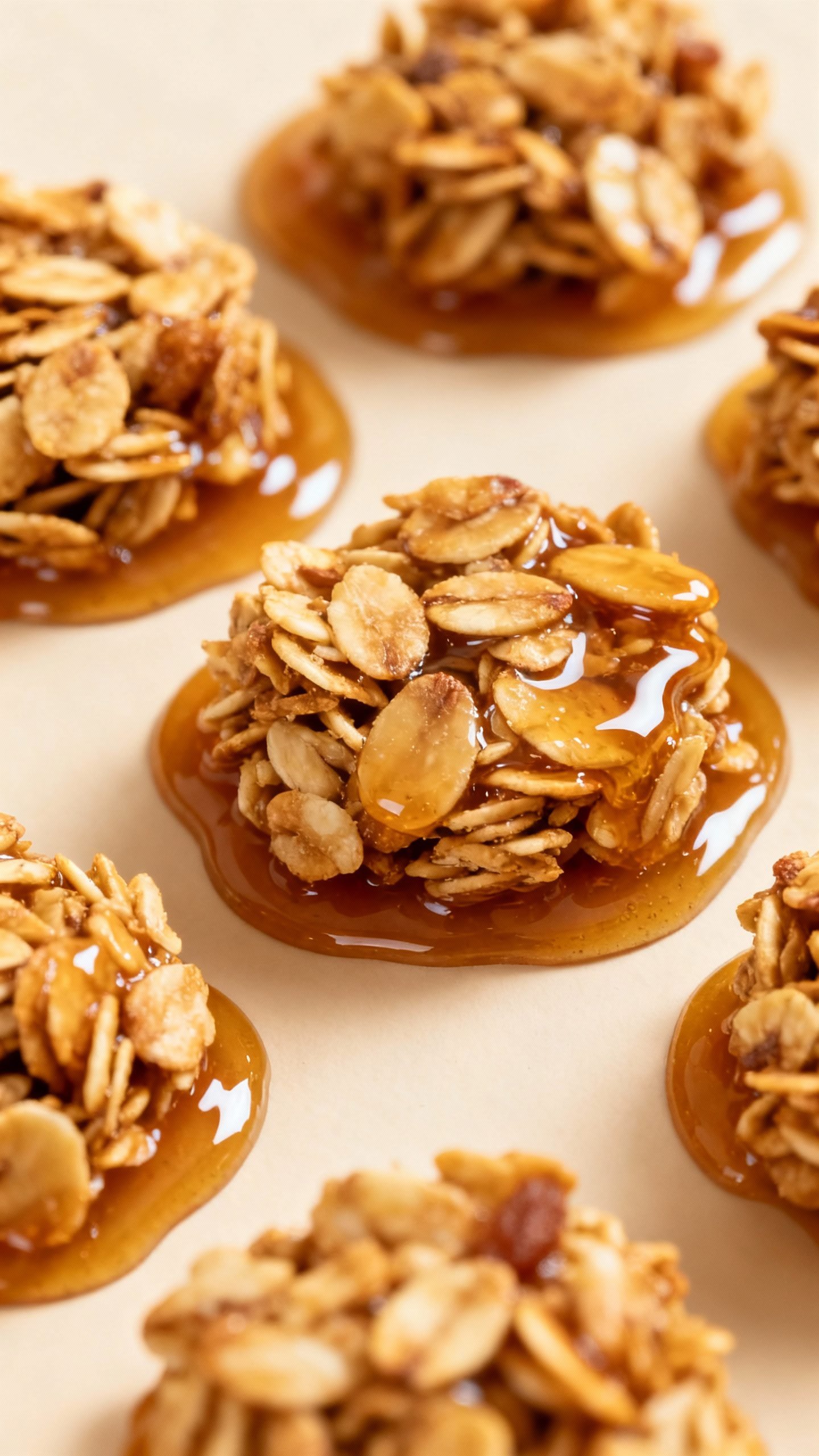 Overhead granola clusters with brown rice syrup sheen