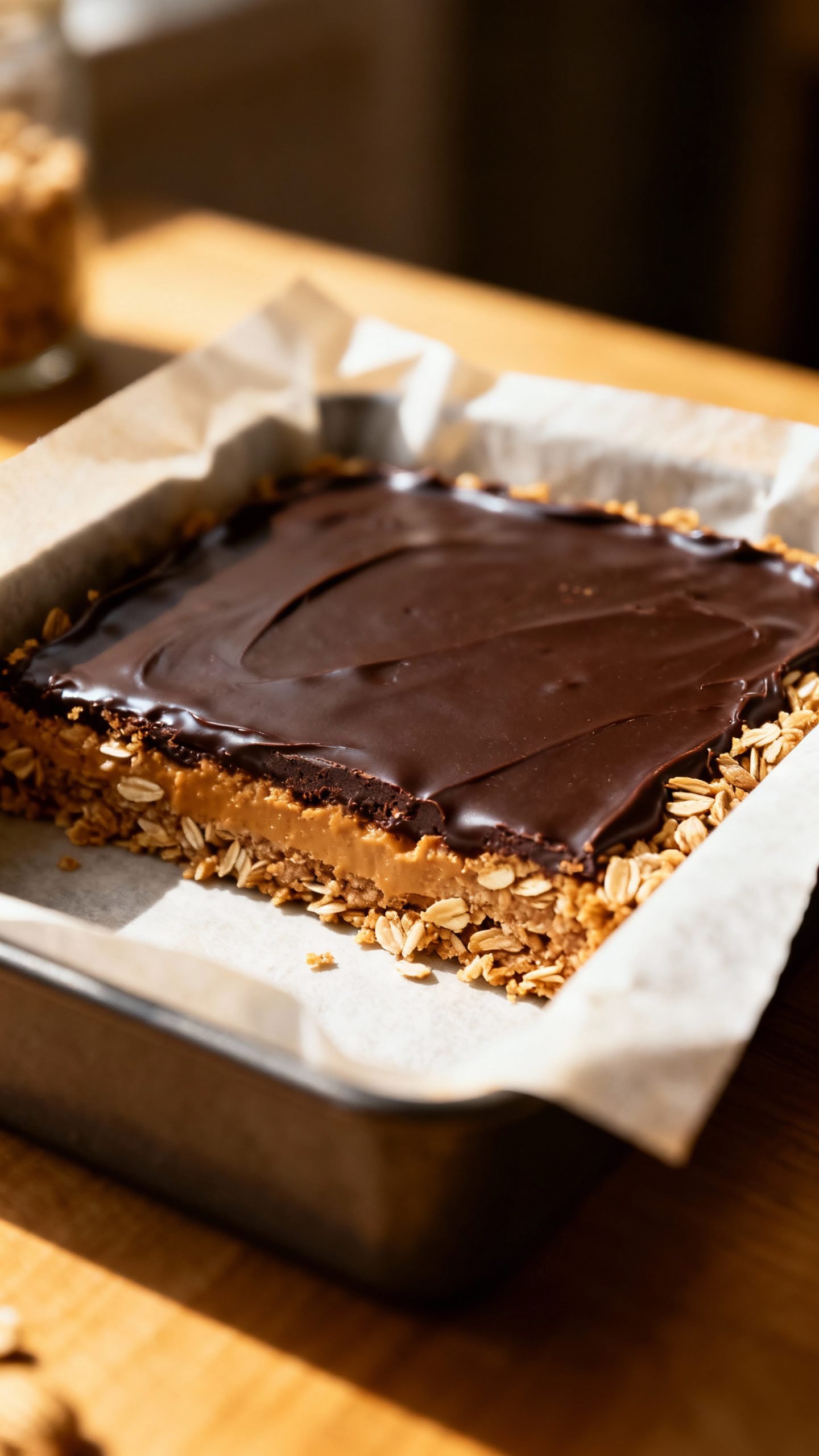 Overhead no-bake peanut butter oat bars, dark chocolate layer, crumbly oat texture, parchment-lined 