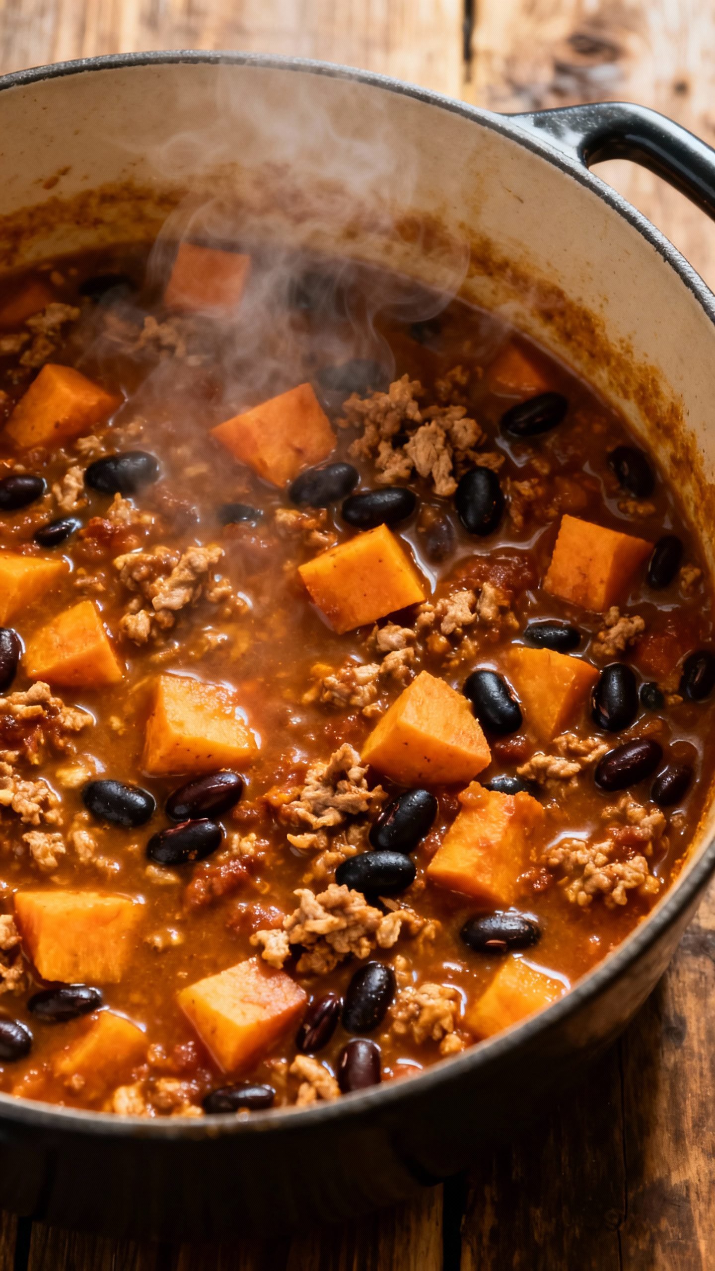 Overhead shot smoky turkey chili, diced sweet potatoes, black beans simmering