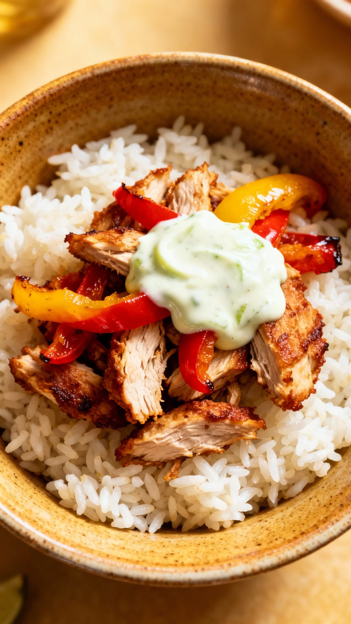 Overhead turkey taco bowl with rice, roasted peppers, yogurt-lime crema meal-prep