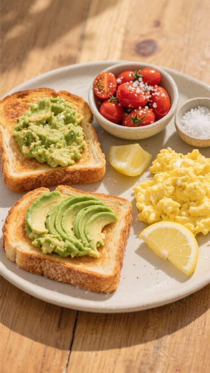 Scrambled Eggs With Avocado Toast and Cherry Tomatoes - A Fresh, Satisfying Breakfast Tasty top view: Overhead shot of the complete breakfast—two slices of golden, well-toasted sourdou