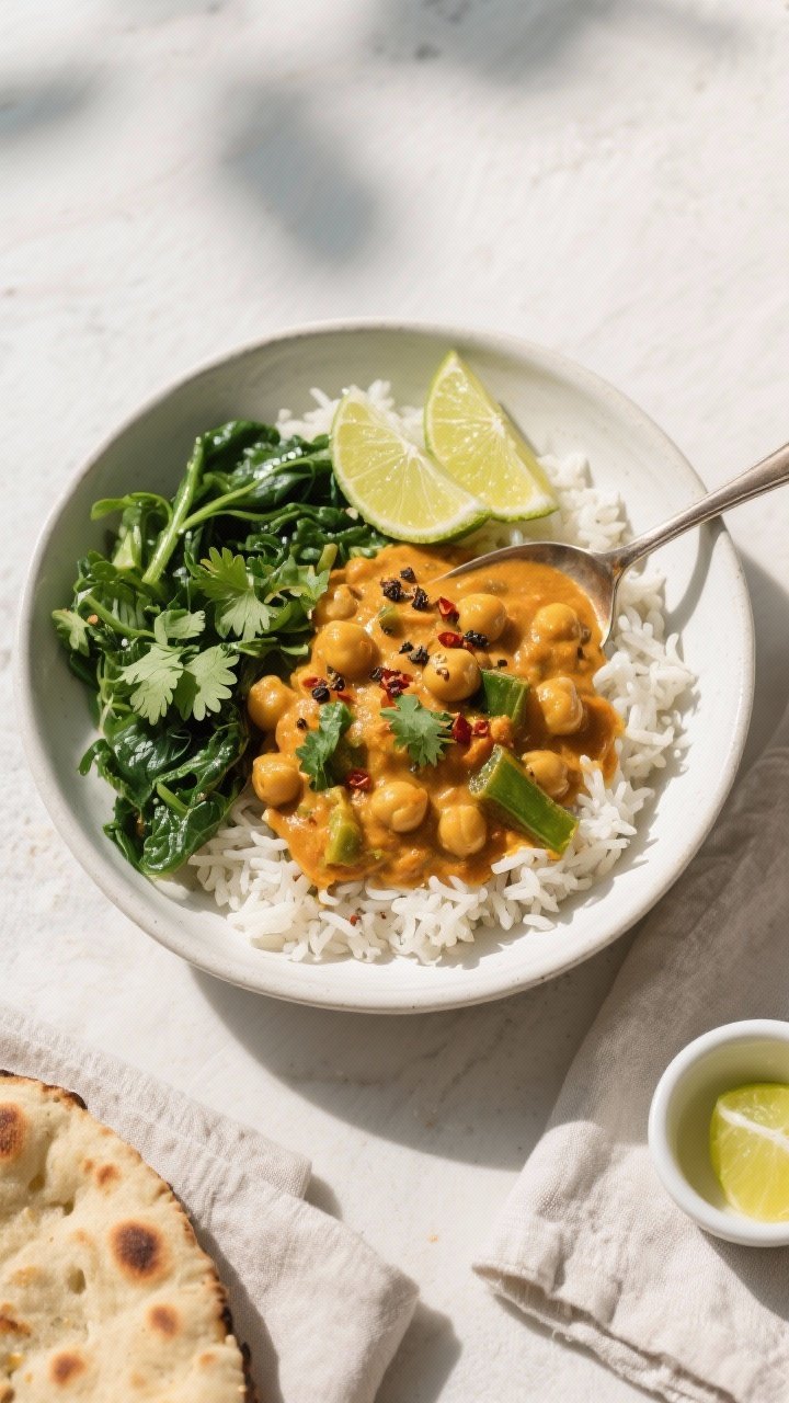Chickpea Veggie Curry With Coconut Milk and Spinach - Creamy, Cozy, and Weeknight-Friendly Tasty top view: Overhead shot of the finished Chickpea Veggie Curry spooned over fluffy basmati rice