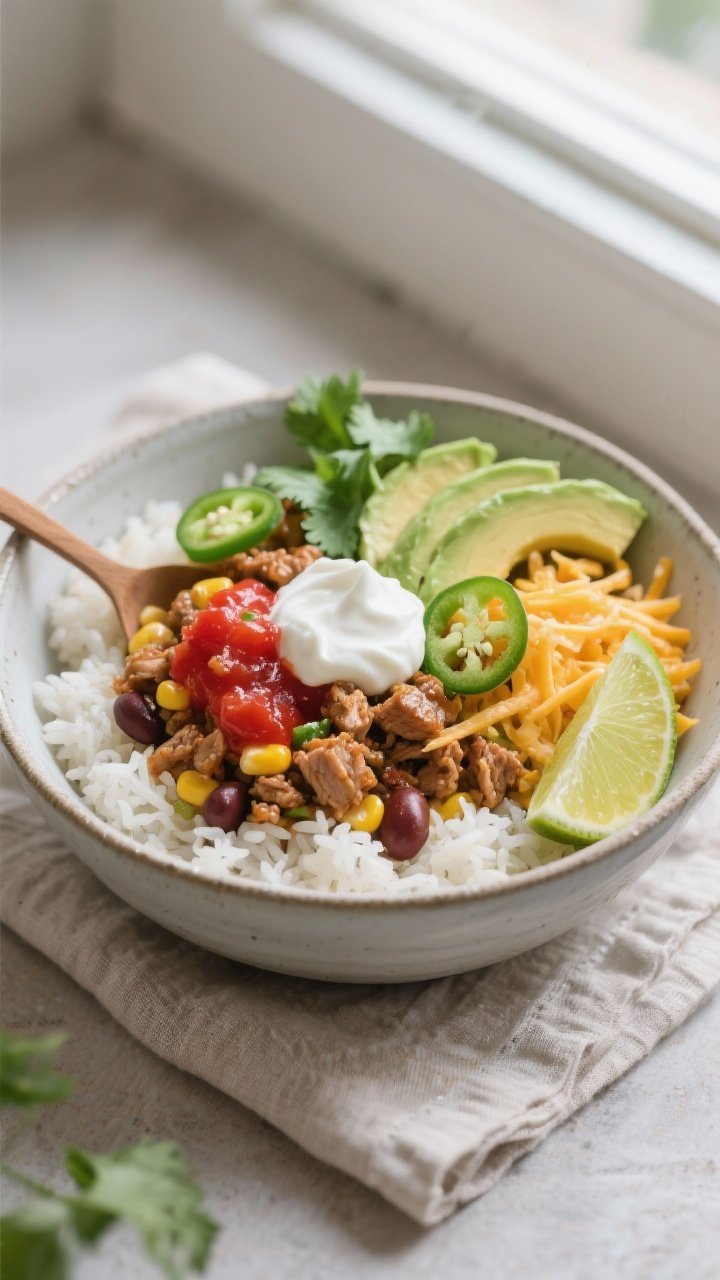 Tasty top view: Overhead shot of turkey taco bowls ready to serve—fluffy white rice base topped wi