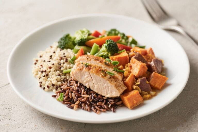 A Lean Protein, A High-Fiber Veg Mix, A Clean Carb (Quinoa, Sweet Potato, Brown Rice) – A Simple, Balanced Meal