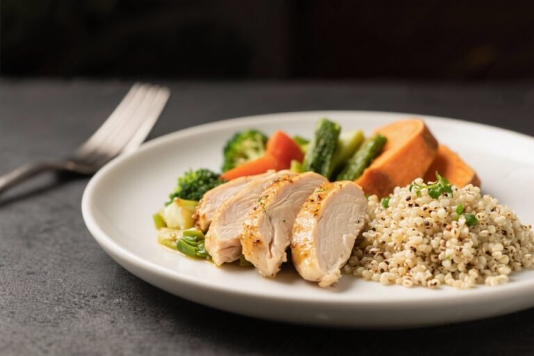A Balanced Weeknight Meal – Chicken or Turkey Paired With Fibrous Vegetables and a Clean Carb Like Quinoa or Sweet Potato
