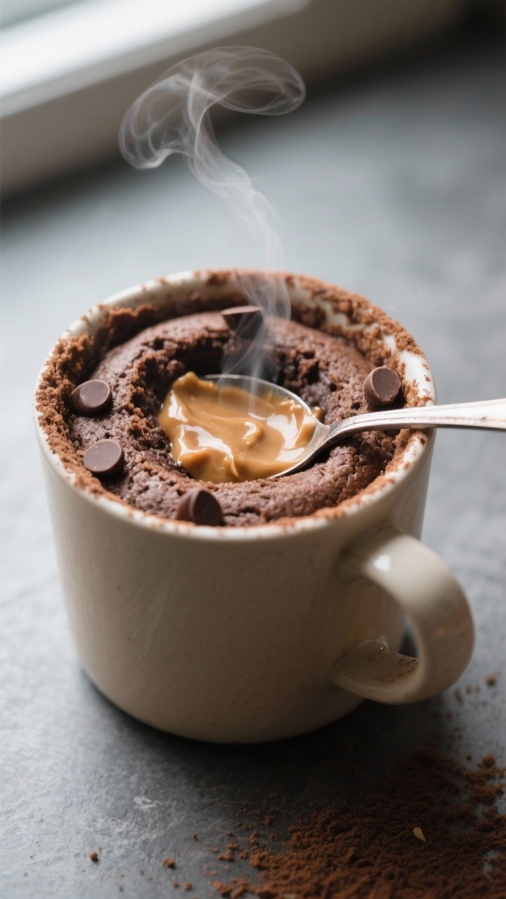 Close-up detail: A freshly microwaved almond flour chocolate mug cake with a molten nut butter cente
