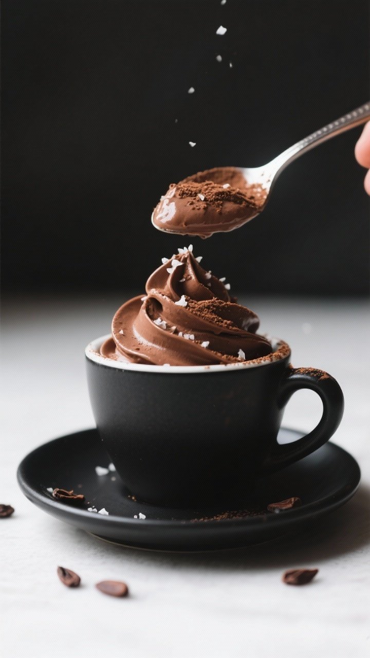 Close-up detail: A spoon scooping into a small espresso cup of keto chocolate mousse, showing silky,