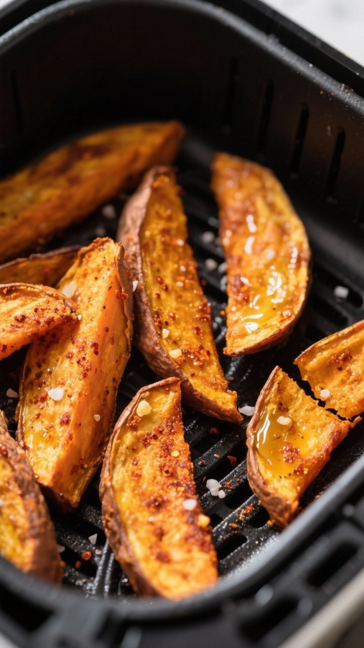 Close-up detail: Crispy air-fried sweet potato wedges just out of the basket, golden-brown edges wit