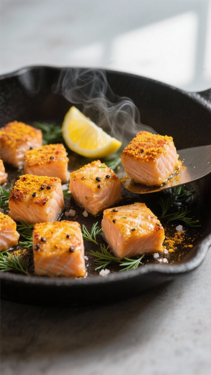 Close-up detail: Golden, pan-seared salmon bites in a nonstick skillet, edges crisp and lightly blis
