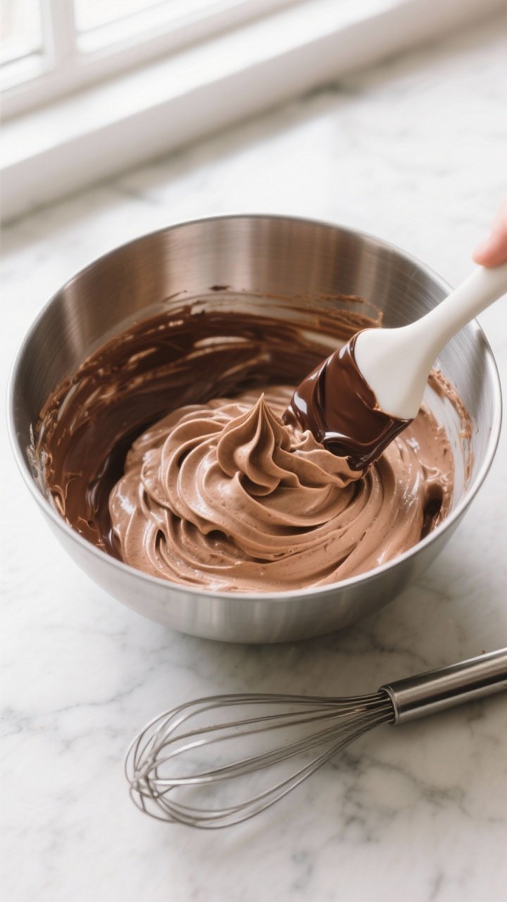 Cooking process: Overhead shot of freshly whipped mousse in a chilled stainless steel mixing bowl at