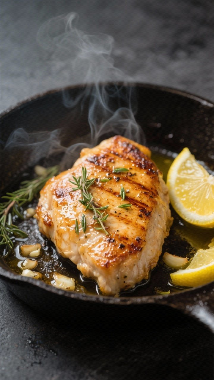 Cooking process: Pan-seared lemon herb chicken sizzling in a cast-iron skillet, golden-brown crust w