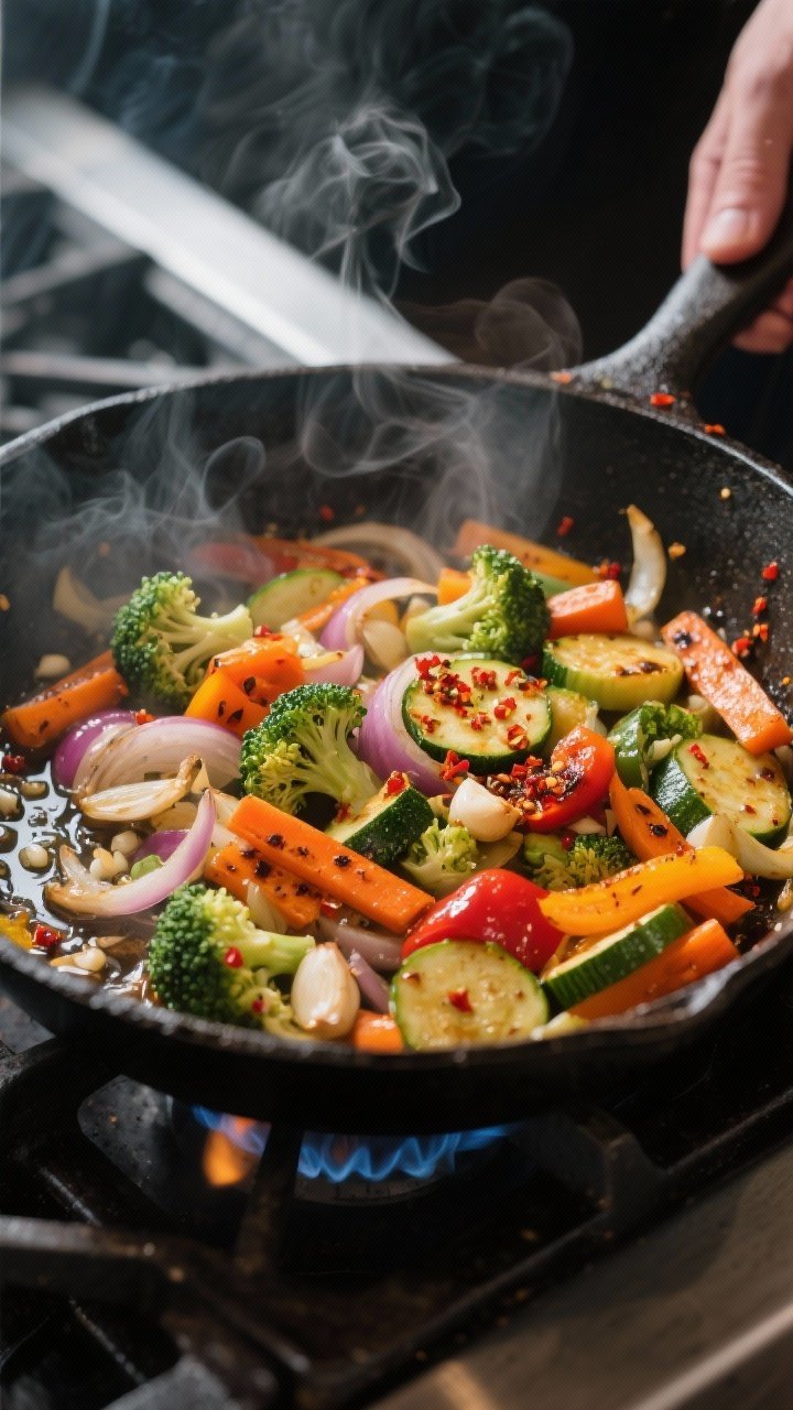 Colorful Veggie Mixes. Cooking process: Sautéed colorful veggie mix searing in a large cast-iron skillet over medium-high 