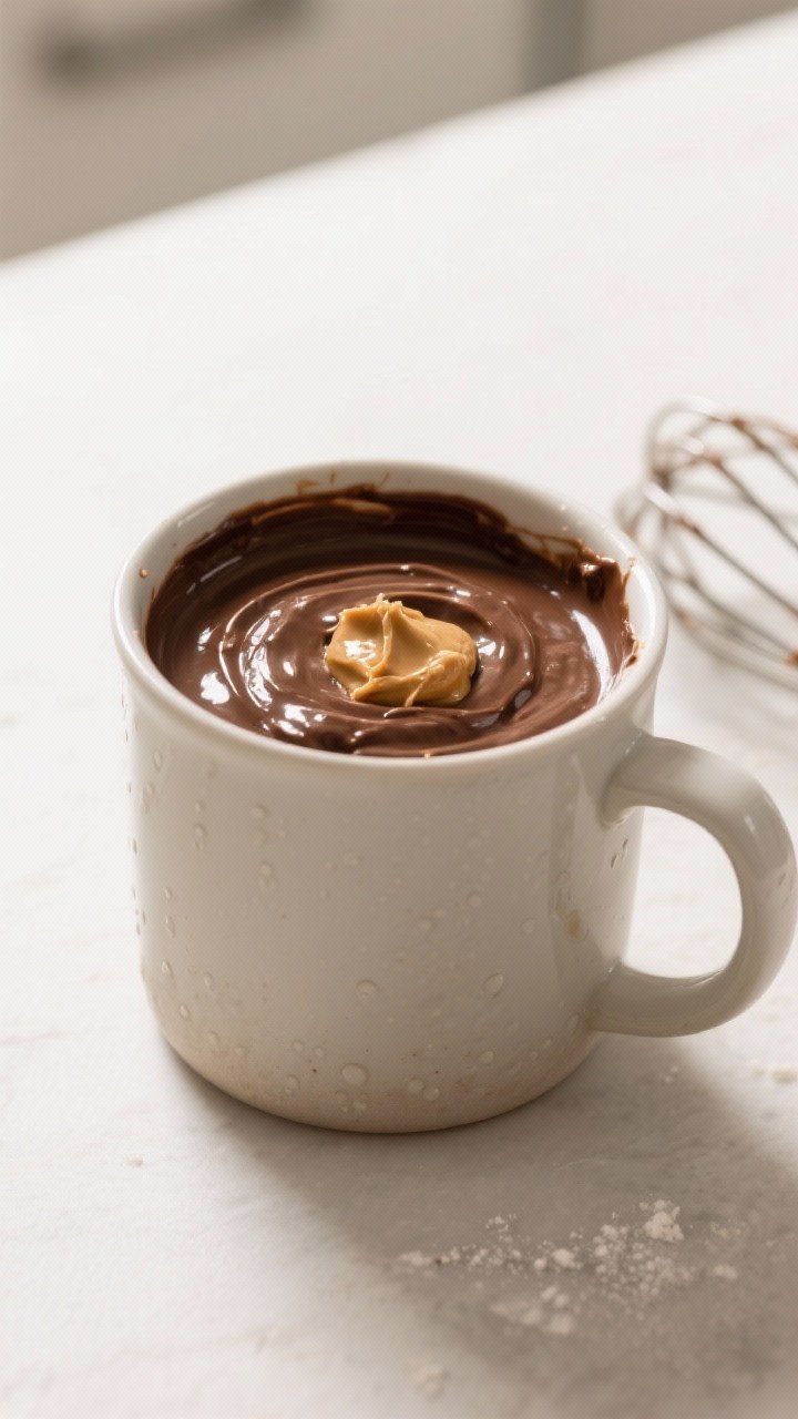 Cooking process: The batter in a large, microwave-safe ceramic mug right after mixing, smooth and gl