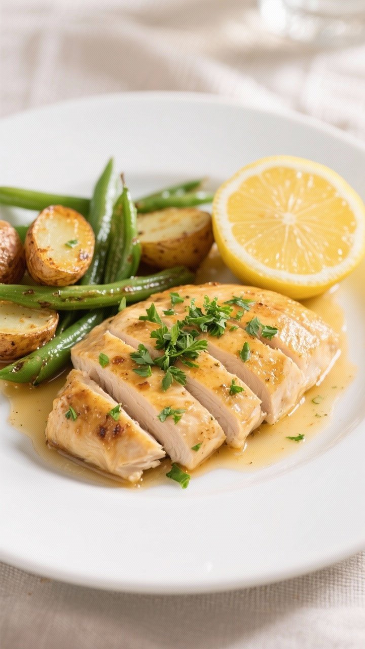 Final dish: Beautifully plated High-Protein Lemon Herb Chicken breast sliced against the grain and f