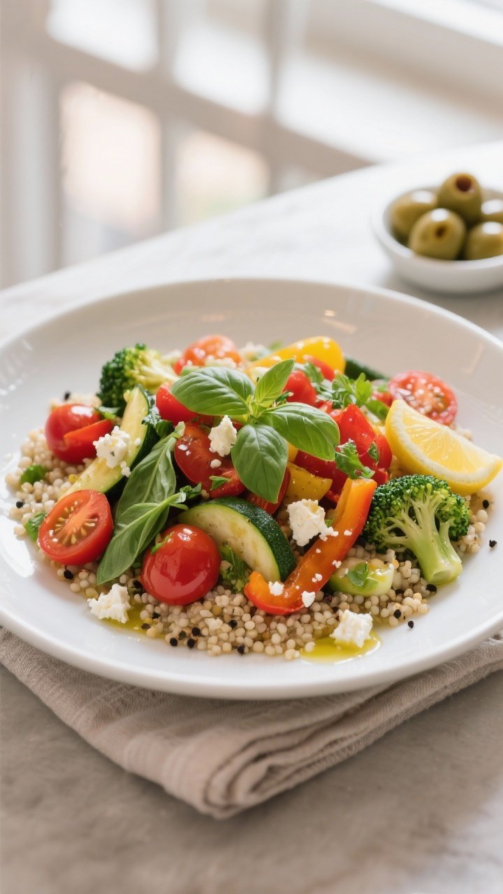 Colorful Veggie Mixes Final dish: Beautifully plated Mediterranean-style veggie mix over fluffy quinoa in a wide, shallow 