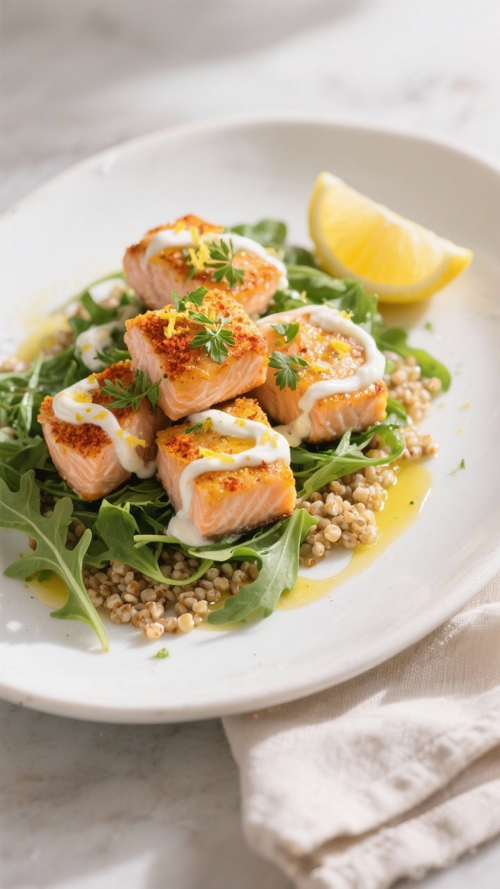 Final plated dish: Beautifully plated Anti-Inflammatory Salmon Bites piled over a bed of peppery aru