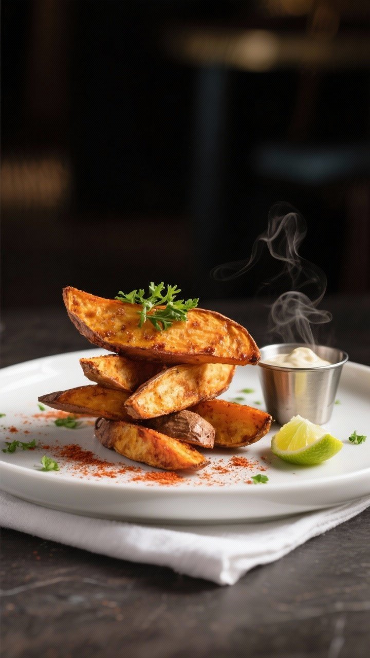 Final plated dish: Restaurant-quality presentation of sweet potato wedges on a wide, white ceramic p
