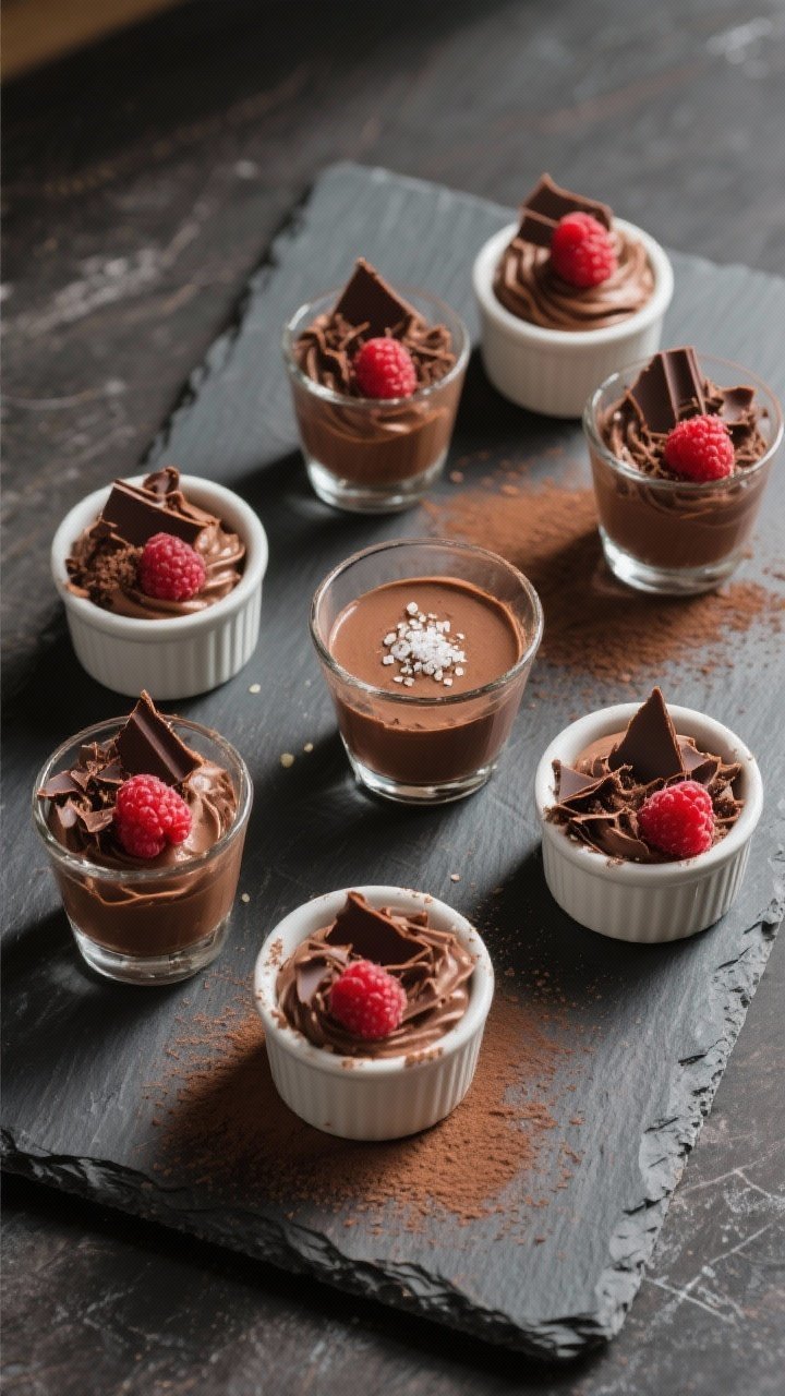 Final presentation top view: Tasty top-down image of six petite portions of keto chocolate mousse se