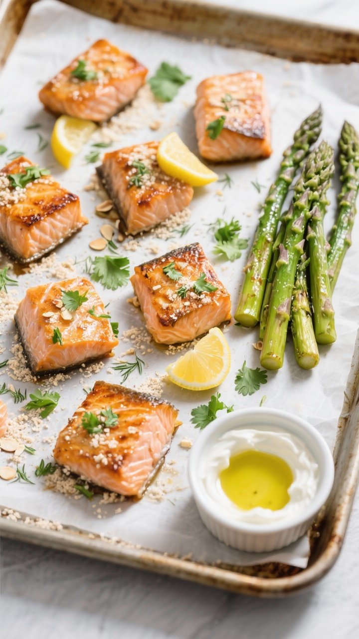 Tasty top view: Overhead sheet-pan shot of roasted salmon bites spaced apart on parchment, edges cri