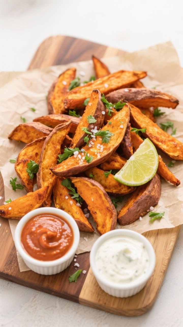 Tasty top view: Overhead shot of a parchment-lined wooden board piled with air fryer sweet potato we