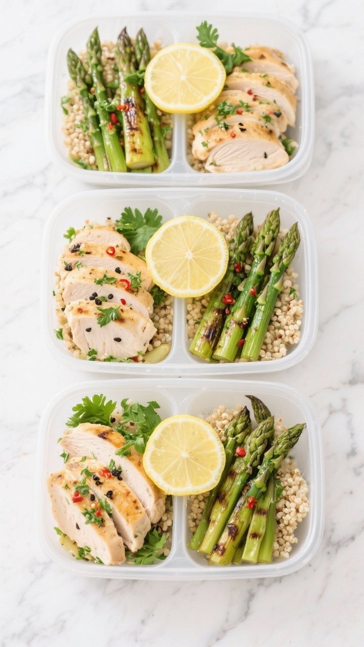 Tasty top view: Overhead shot of meal-prep containers filled with sliced lemon herb chicken, lemony 