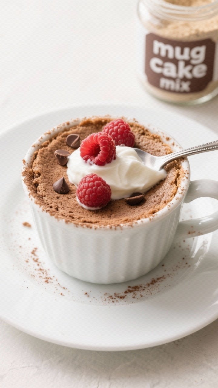 Tasty top view: Overhead shot of the finished almond flour mug cake topped with a spoonful of thick 