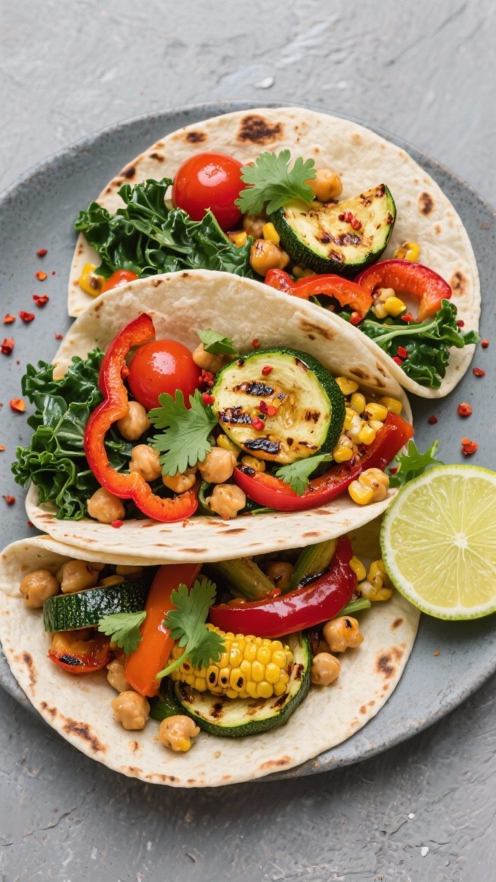 Tasty top view: Overhead shot of Colorful Veggie Mixes tucked into warm tortillas for wraps—color-blocked arr