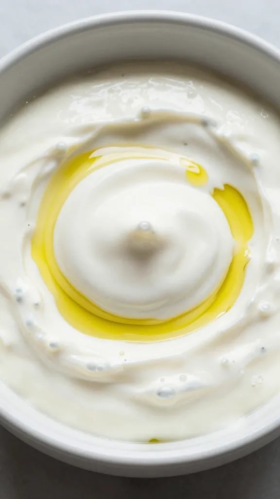 Creamy yogurt mayo dip with olive oil drizzle