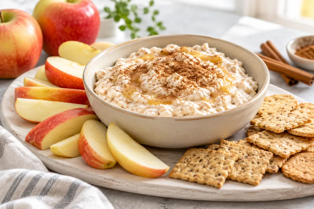 Cinnamon cottage cheese dip with apple slices and crackers.