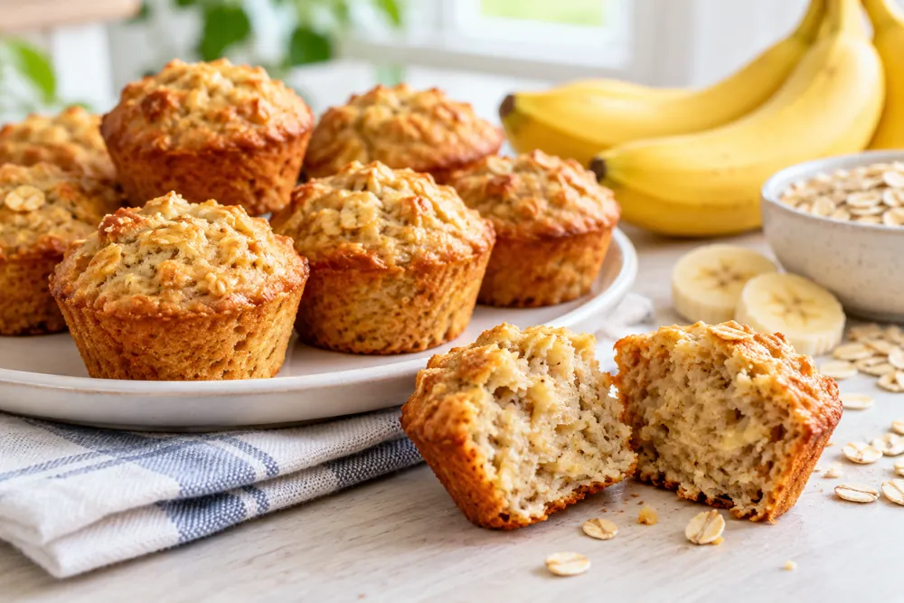 Golden banana cottage cheese oat mini muffins with one split open.